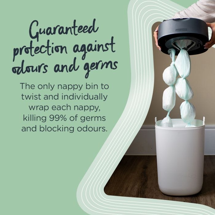 Someone lifting the lid of their Twist & Click bin to show individually wrapped nappies with text about germ and odour protection