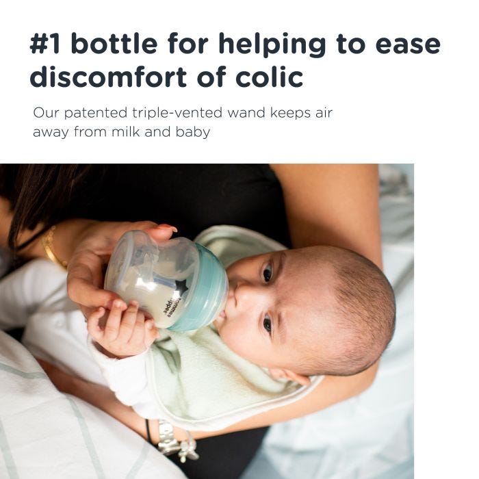 Baby drinking from 150ml Advanced Anti-Colic bottle with text about how it’s #1 for helping ease discomfort of colic