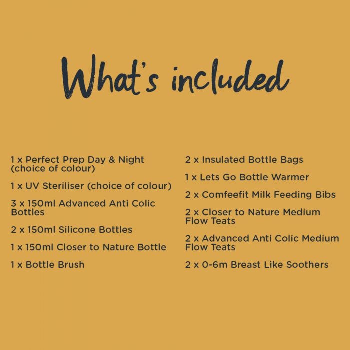 List of what is included in the ultimate bottle feeding bundle. Including steriliser, perfect prep machine, bottles and accessories.