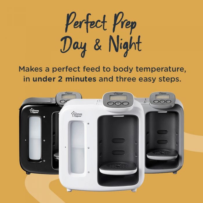 Perfect prep machine with description of how it makes a perfect feed to body temperature in 2 minutes. Choice of colours.