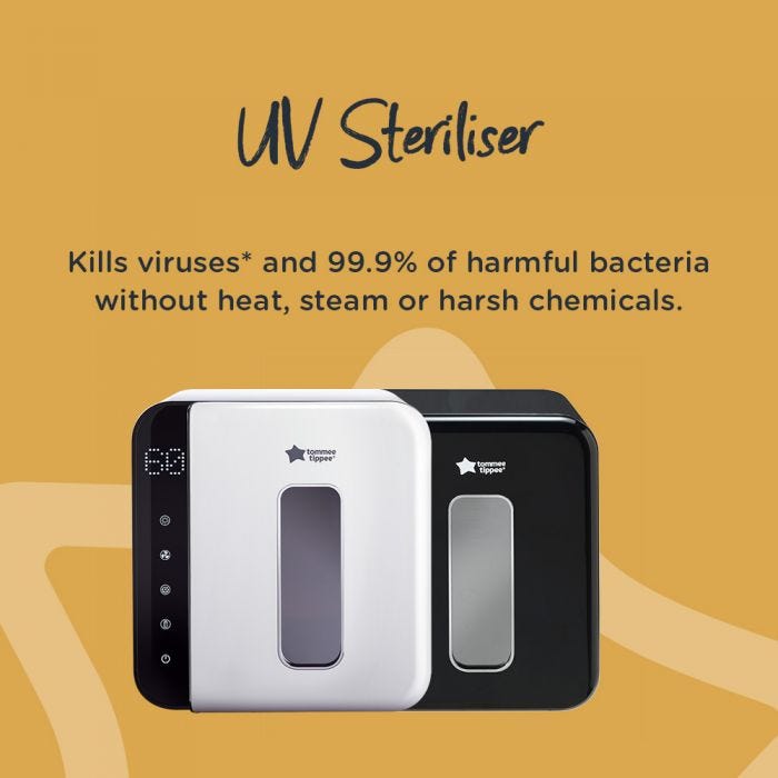 UV steriliser explaining how it kills viruses and 99.9% of bacteria without heat, steam or harsh chemicals. Choice of colours.
