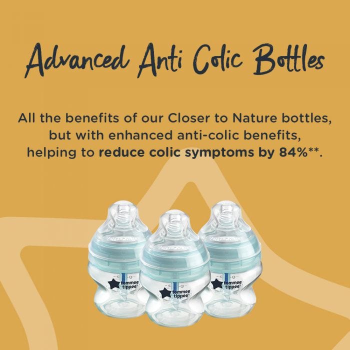 3 150ml Advanced Anti Colic bottles. All the benefits of closer to nature with anti-colic features. Reducing colic by 84%.