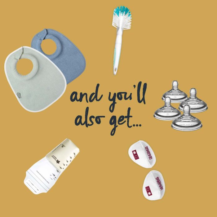And you also get additional items pictured showing 2 bibs, nipple cream, 4 teats, breast pads, bottle brush and milk bags.