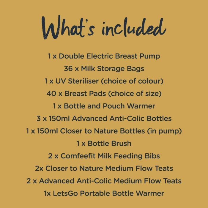 List of what is included in the ultimate breastfeeding bundle. Including steriliser, breast pump bottles and accessories.