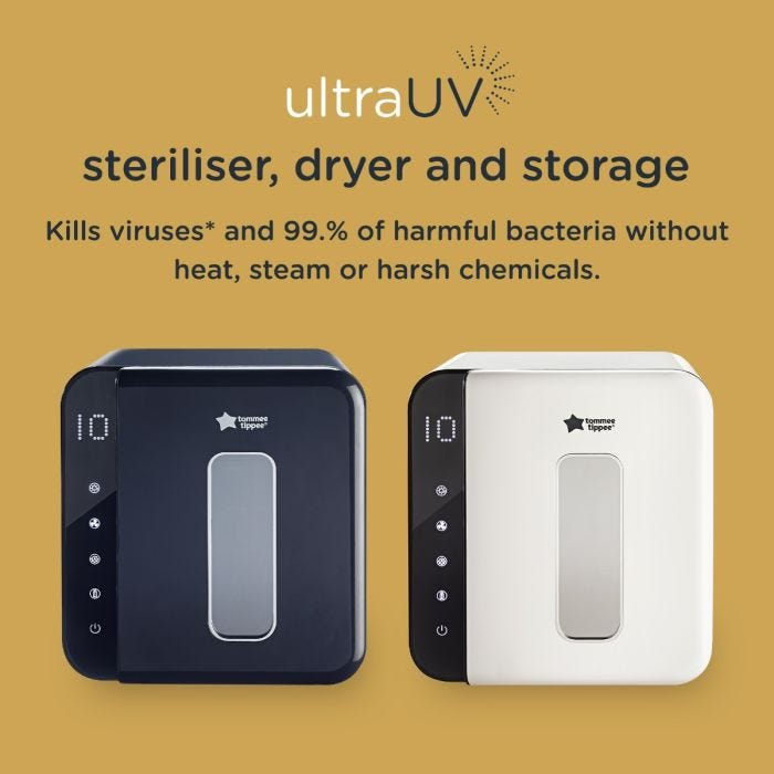 UV steriliser explaining how it kills viruses and 99.9% of bacteria without heat, steam or harsh chemicals. Choice of colours.