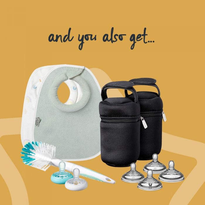 And you also get additional items pictured showing 2 bibs, 2 bottle bags, 4 teats, 2 breast-like soothers and a bottle brush.