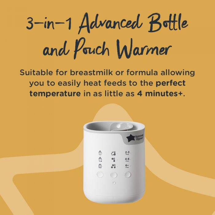 3 in 1 advanced bottle and pouch warmer explaining that it is suitable for breastmilk and formula heating feeds in 4 minutes. 