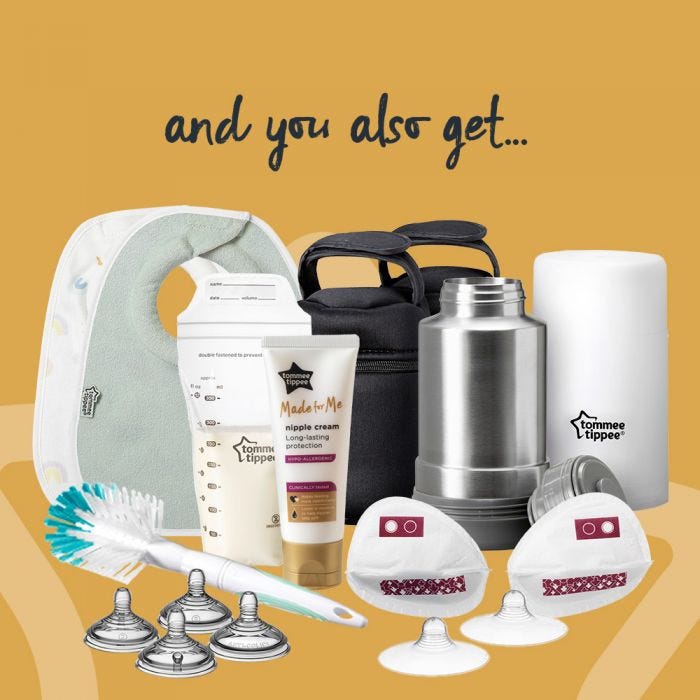 And you also get additional items pictured showing 2 bibs, nipple cream, 4 teats, breast pads, bottle brush and milk bags.