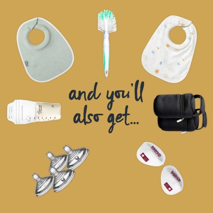 And you also get additional items pictured showing 2 bibs, nipple cream, 4 teats, breast pads, bottle brush and milk bags.