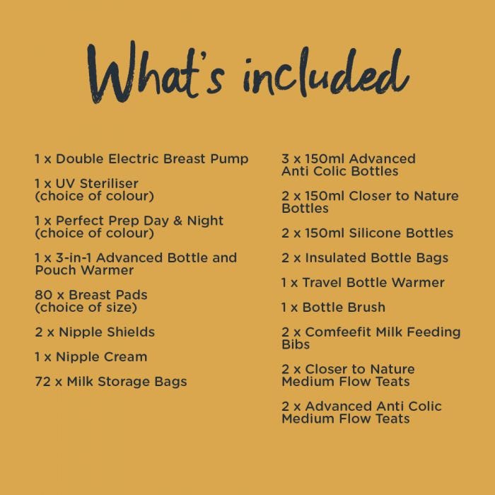 List of what is included in the ultimate combination feeding bundle. Including breast pump, steriliser, perfect prep machine and accessories.