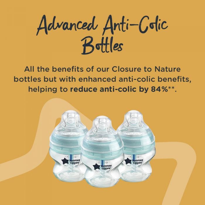 3 150ml Advanced Anti Colic bottles. All the benefits of closer to nature with anti-colic features. Reducing colic by 84%.