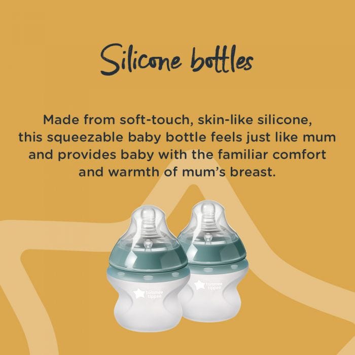 2 150ml silicone bottles. Made to feel squeezable soft and skin like, just like mum’s breast.