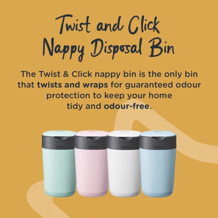 Range of nappy bin colours available with detail around the odour protection properties of the twist and click system. 