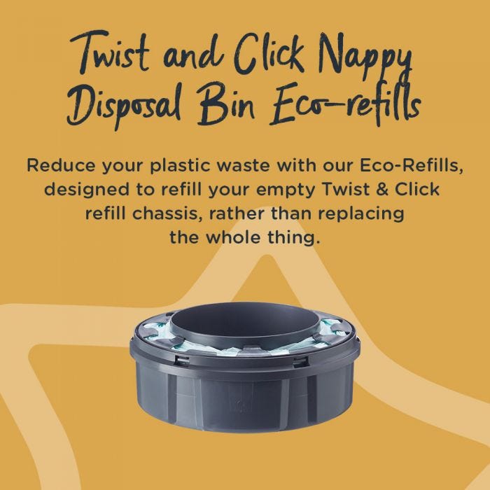 Twist and click refill with detail of how to fill the empty nappy bin chassis with the eco refill to reduce plastic waste.