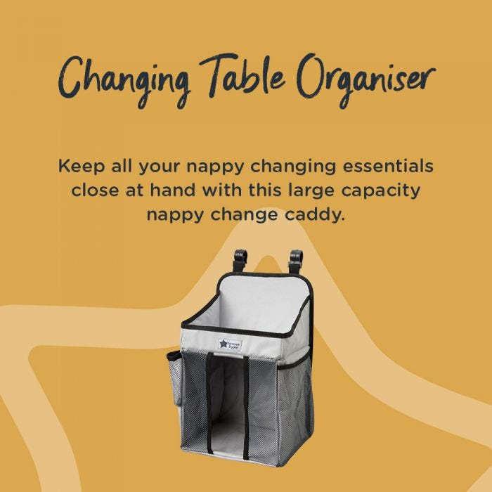Changing table organiser with explanation of the benefits including large capacity and keeping essentials on hand.
