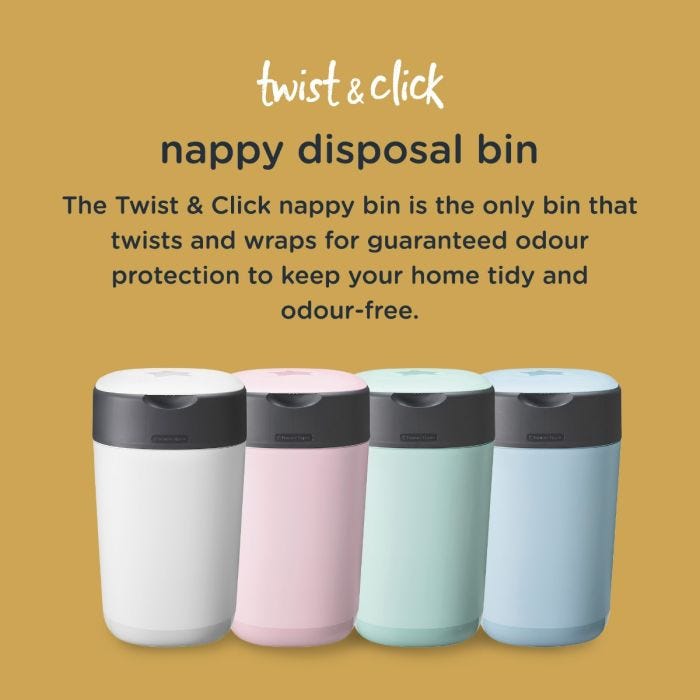 Range of nappy bin colours available with detail around the odour protection properties of the twist and click system. 