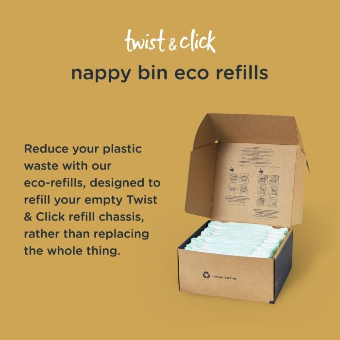 Twist and click refill with detail of how to fill the empty nappy bin chassis with the eco refill to reduce plastic waste.