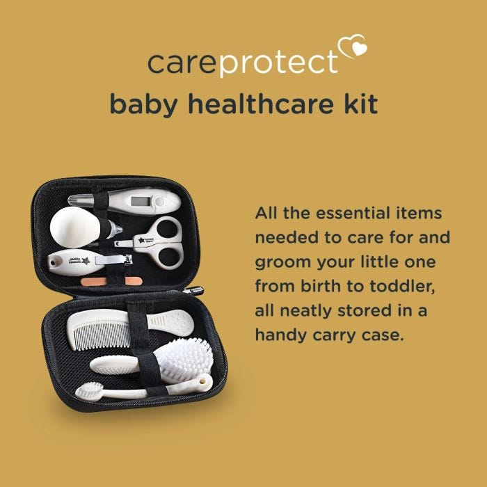 Image of the healthcare kit with an explanation on how it includes everything to care for your little one from birth to toddler.