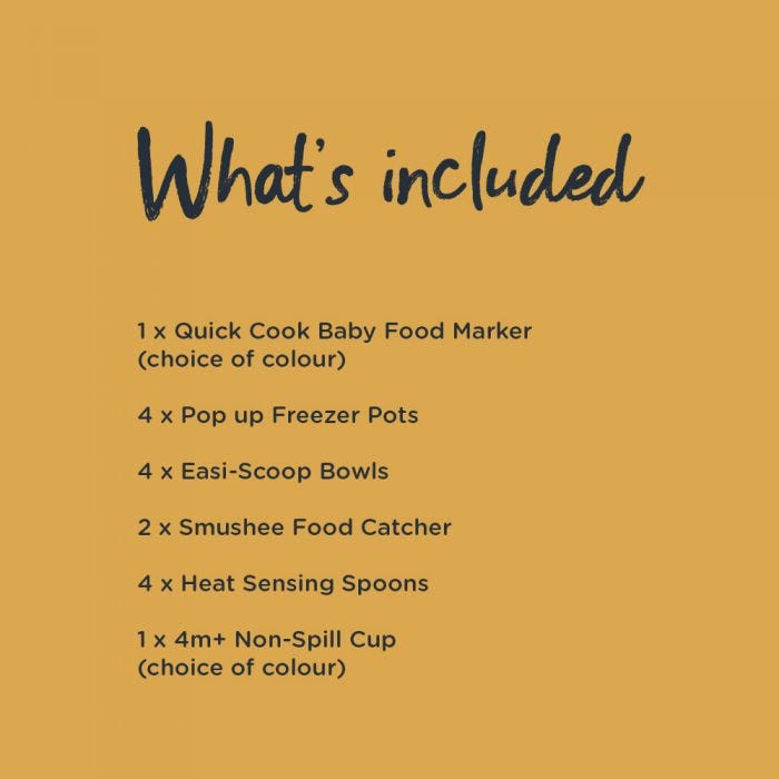 List of what is included in the ultimate bottle weaning bundle. Including quick cook baby food maker, spoons, bowls and cup.