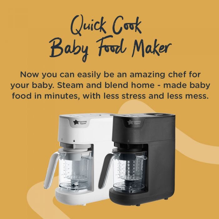 Quick cook baby food maker shown in 2 colours, describing how it can help you steam and blend food quickly and easily.