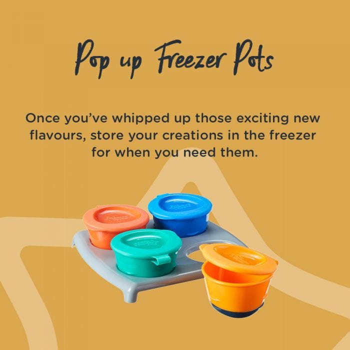 4 Freezer pots shown in different colours explaining how you can store your freshly prepared means in the freezer.