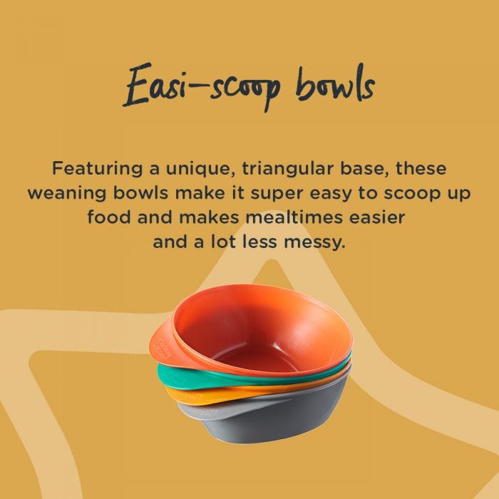 4 easi-scoop bowls showing in different colours explaining how the bowl makes scooping food easier and mealtimes less messy.