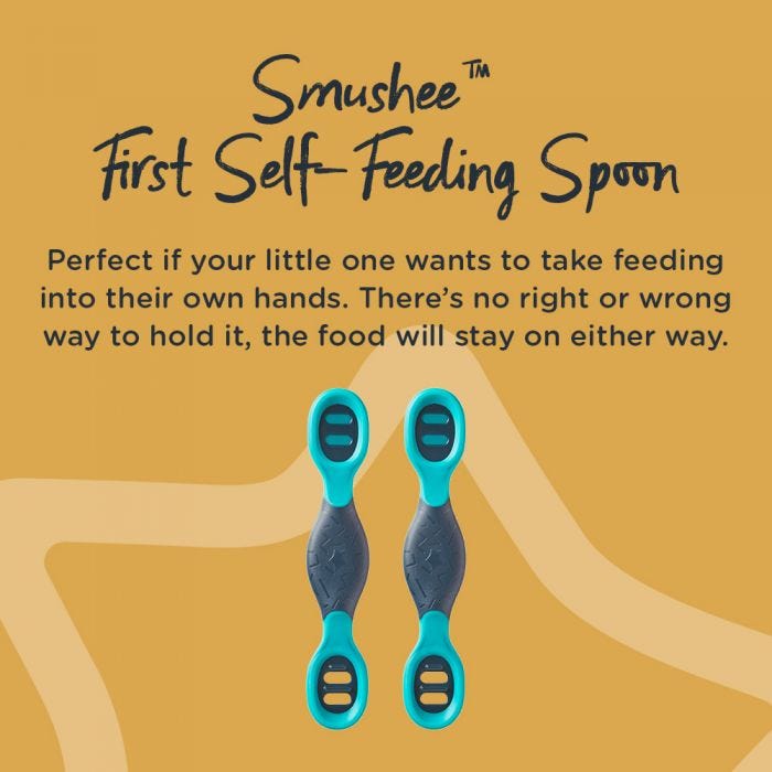 2 smushee self feeding spoons, with description explaining there’s no right or wrong way to hold and use.