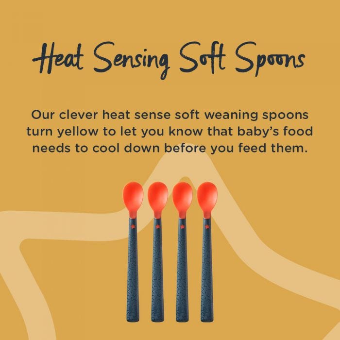 4 heat sensing spoons all in same colour with explanation of how the spoons change colour to show when food is too hot.