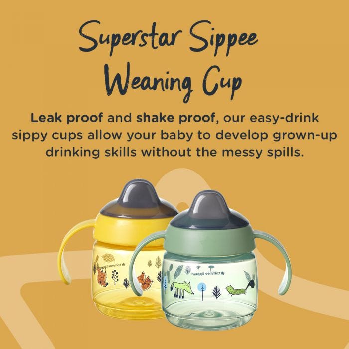 2 sippee cups shown in different styles explaining the leak and shake proof benefits and how they help to develop drinking skills.