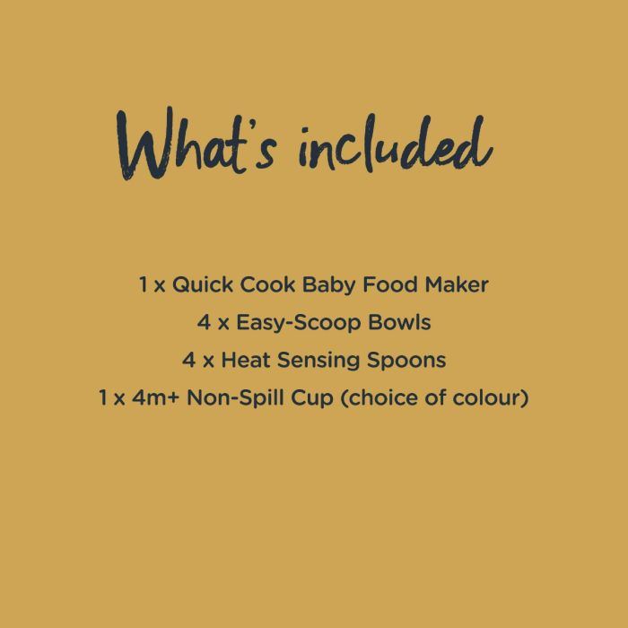 List of what is included in the ultimate bottle weaning bundle. Including quick cook baby food maker, spoons, bowls and cup.