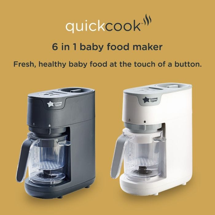 Quick cook baby food maker shown in 2 colours, describing how it can help you steam and blend food quickly and easily.