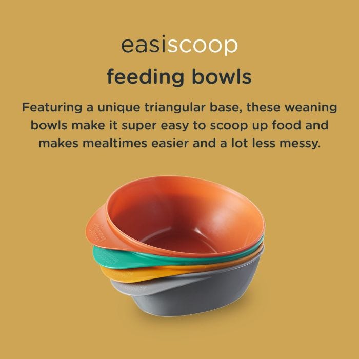 4 easi-scoop bowls showing in different colours explaining how the bowl makes scooping food easier and mealtimes less messy.