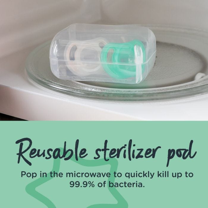 2x pacifiers in sterilizer pod in a microwave with text stating you can use the pod to quickly kill up to 99.9% of bacteria