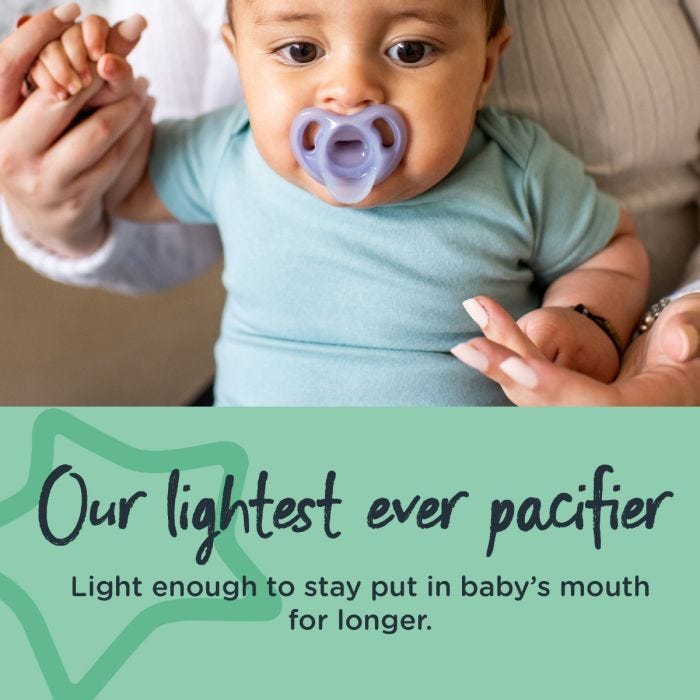 Baby with purple ultra-light pacifier in mouth with text stating it is our lightest ever pacifier.