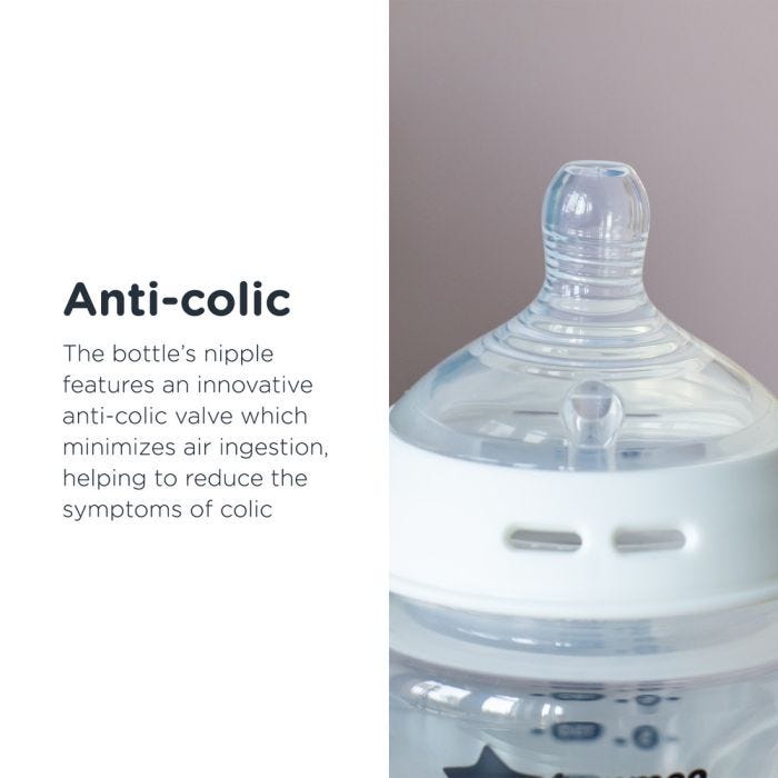 Close up of Natural Start bottle’s nipple with text about the anti-colic valve