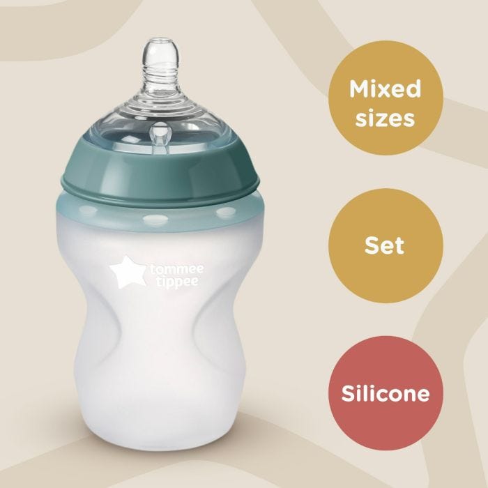 Closer to Nature silicone bottle next to roundels stating mixed sizes, set, silicone.