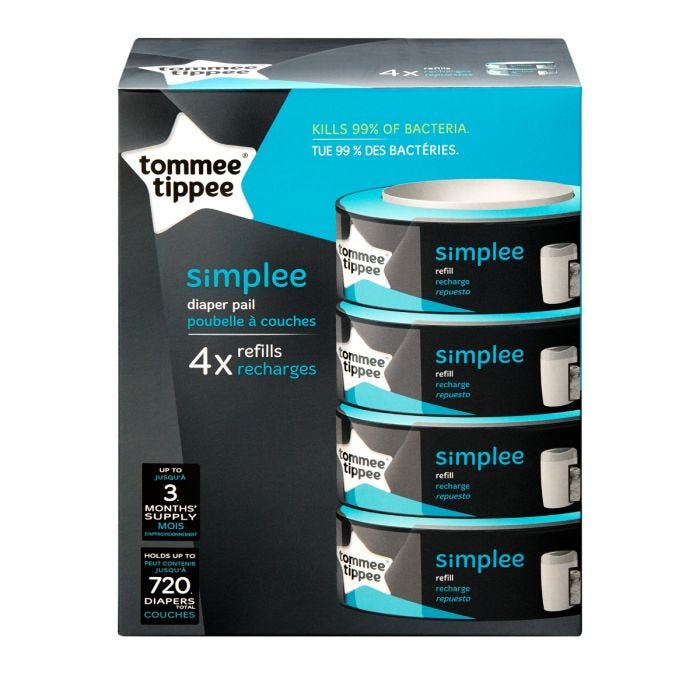 Four Simplee refill cassettes and their packaging box against a white background