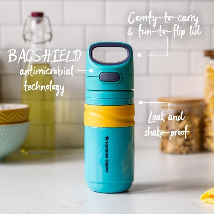 Blue flip top sportee with pointers to its hygienic straw, flip lid and leak proof valve