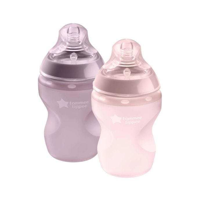 2 x 9fl oz pink silicone baby bottle on white background.