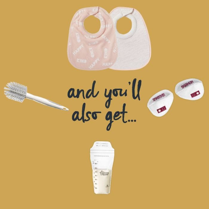 Infographic showing that you also get bibs, a bottle brush, breast pads and milk pouches.