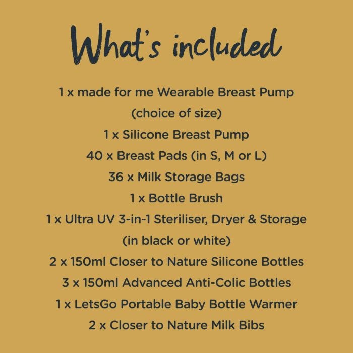 Infographic listing what’s in the express to feed bundle. Including double pump, UV steriliser, bottle warmer and baby bottles.