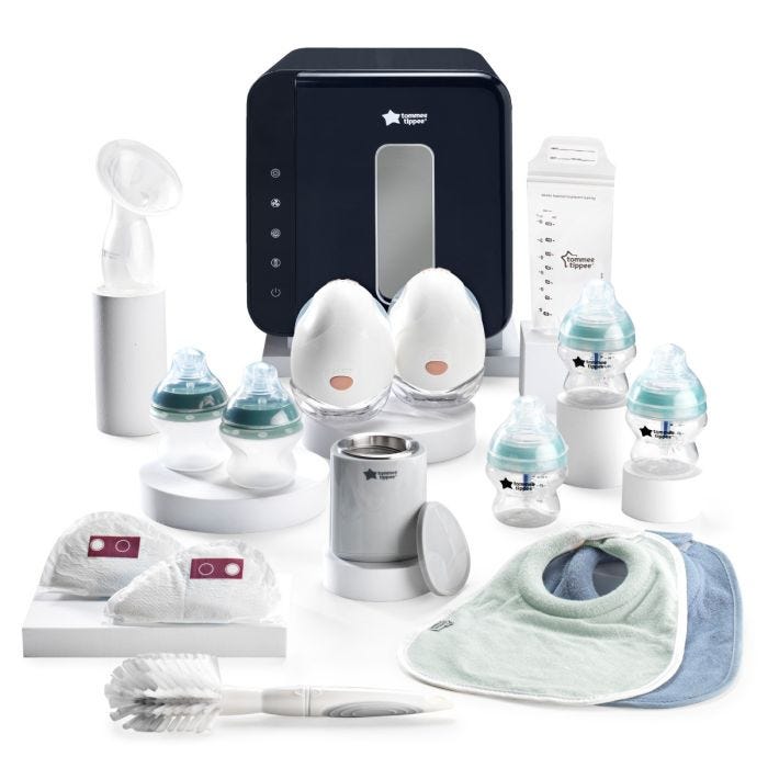 Photo of the products in the express to feed bundle, including a wearable pump, UV steriliser, bottle warmer and baby bottles. 