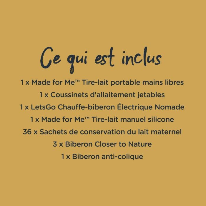 Liste de ce qui est inclus dans le pack tire-lait nomade, y compris le tire-lait nomade, le tire-lait en silicone, les biberons et plus encore