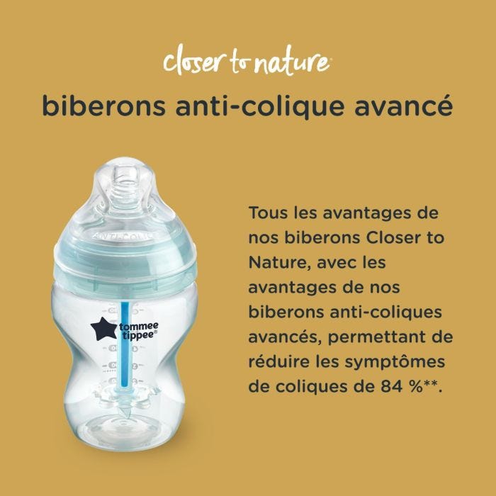 Biberon anti-colique avec description de comment il réduit les symptômes de coliques de 84 %