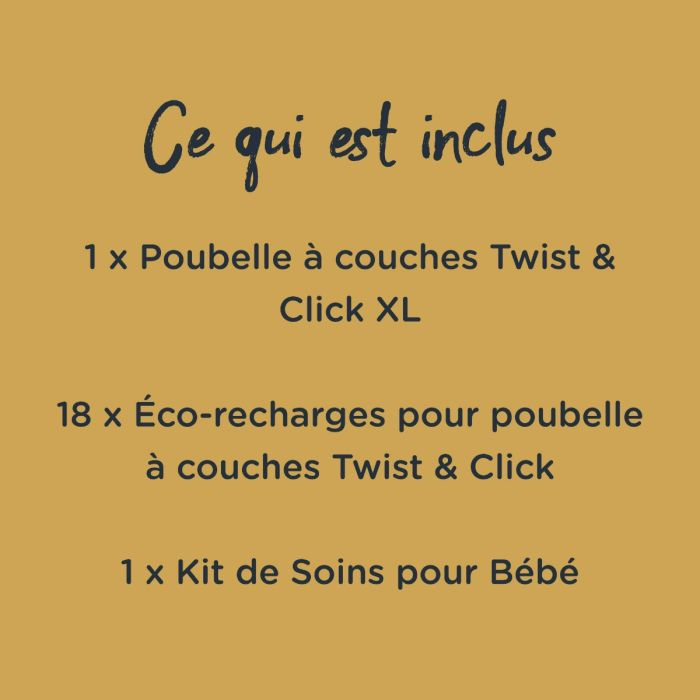 Le bloc jaune indique que le bac Tommee Tippee XL, 18 recharges éco et un kit de soins sont inclus dans cet ensemble