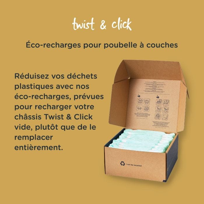 Les éco-recharges sur fond jaune avec un texte expliquant comment elles peuvent remplir votre châssis de recharge vide sans avoir à le remplacer entièrement