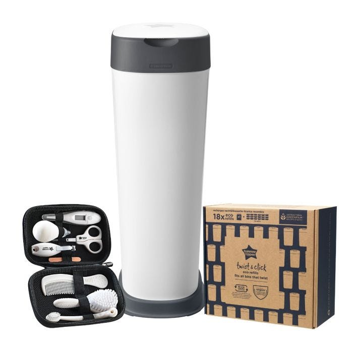 Poubelle à couches Twist & Click XL, 18 recharges écologiques et un kit de soins sur fond blanc