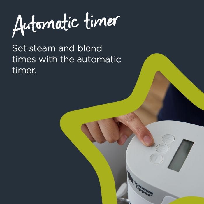 Hand pressing a button on the food maker with text about the automatic timer