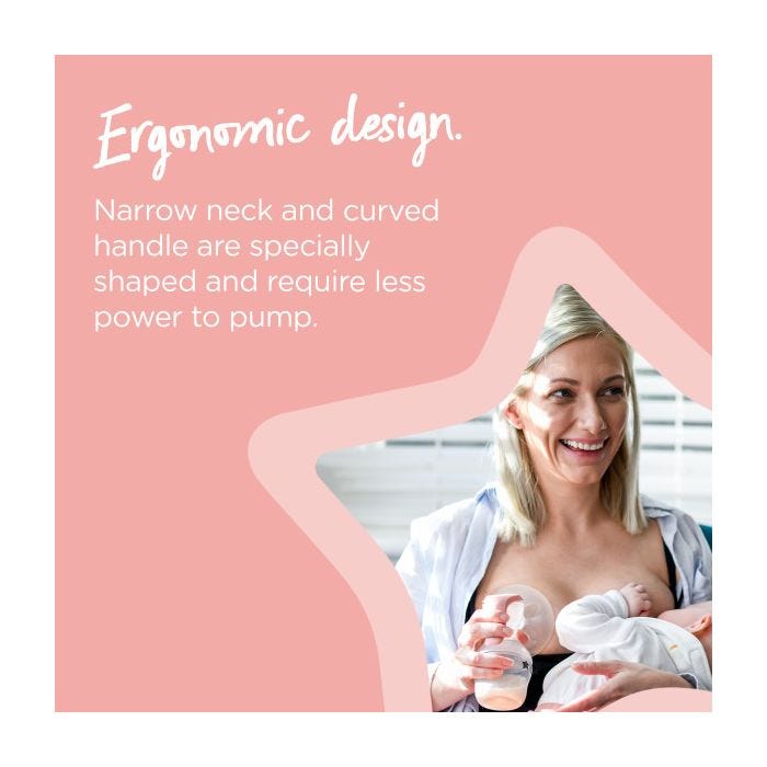 Mum breastfeeding baby and holding manual breast pump at other breast with text highlighting the ergonomic design of the pump