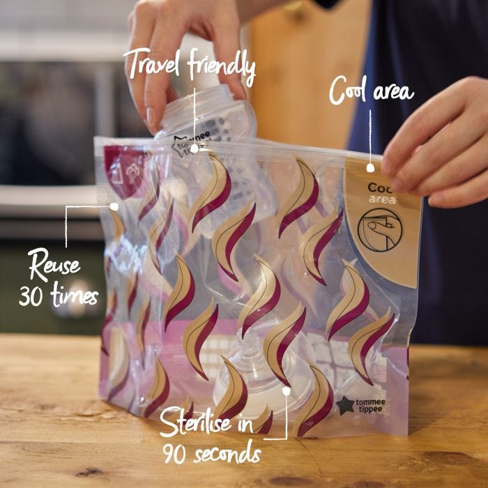 Woman placing accessories into the steriliser bag with pointers labelling its key features